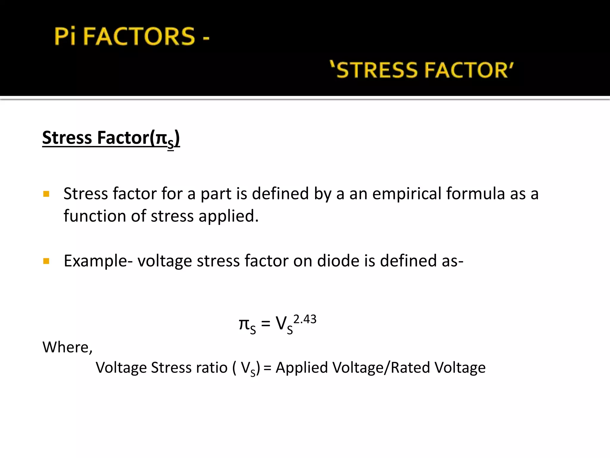 Stress Factor(πS)
 Stress factor for a part is defined by a an empirical formula as a
function of stress applied.
 Example- voltage stress factor on diode is defined as-
πS = VS
2.43
Where,
Voltage Stress ratio ( VS) = Applied Voltage/Rated Voltage
 