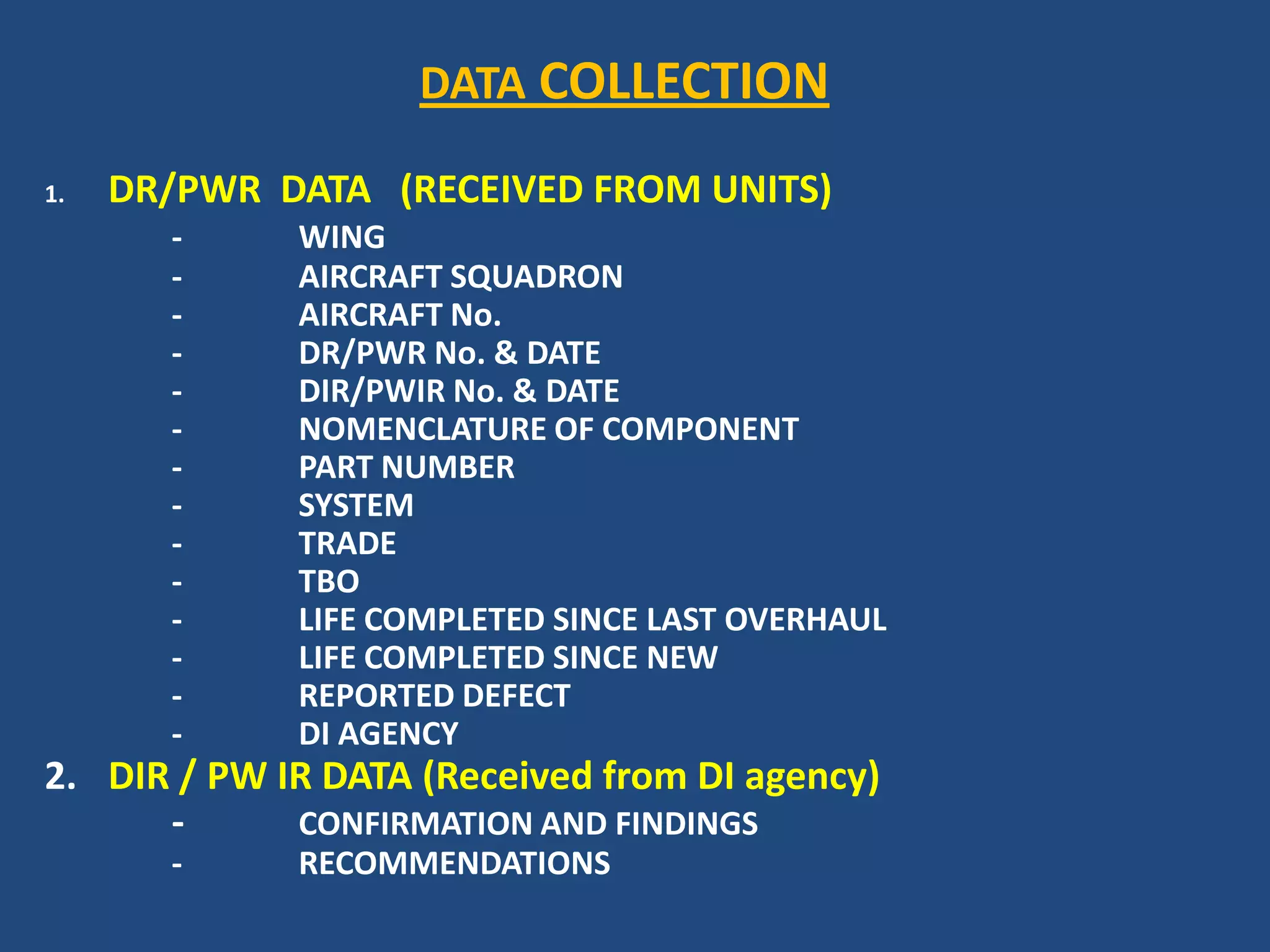 DATA COLLECTION1.	DR/PWR  DATA   (RECEIVED FROM UNITS)-	WING		-	AIRCRAFT SQUADRON		-	AIRCRAFT No.		-	DR/PWR No. & DATE		-	DIR/PWIR No. & DATE		-	NOMENCLATURE OF COMPONENT		-	PART NUMBER		-	SYSTEM		-	TRADE		-	TBO		-	LIFE COMPLETED SINCE LAST OVERHAUL		-	LIFE COMPLETED SINCE NEW		-	REPORTED DEFECT		-	DI AGENCY2.	DIR / PW IR DATA (Received from DI agency)		-	CONFIRMATION AND FINDINGS		-	RECOMMENDATIONS	