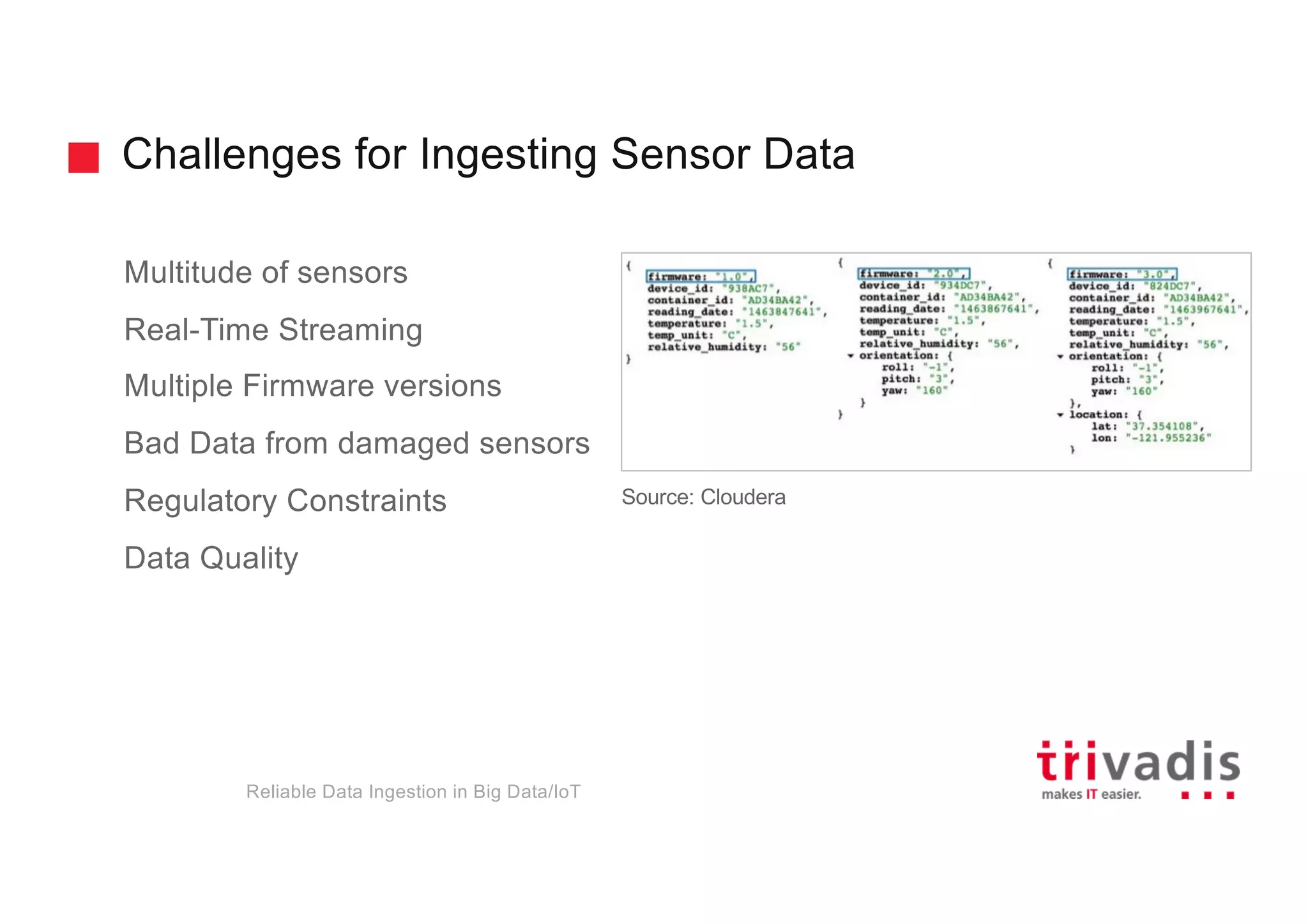 Challenges for Ingesting Sensor Data
Reliable Data Ingestion in Big Data/IoT
Multitude of sensors
Real-Time Streaming
Multiple Firmware versions
Bad Data from damaged sensors
Regulatory Constraints
Data Quality
Source: Cloudera
 