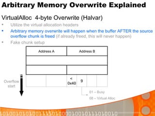 Arbitrary Memory Overwrite Explained VirtualAlloc  4-byte Overwrite (Halvar) Utilize the virtual allocation headers Arbitrary memory overwrite will happen when the buffer AFTER the source overflow chunk is freed  (if already freed, this will never happen) Fake chunk setup <  0x40 9 01 – Busy 08 – Virtual Alloc Overflow start Address A Address B 