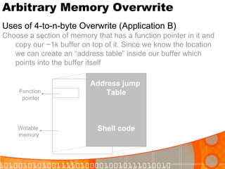 Arbitrary Memory Overwrite Uses of 4-to-n-byte Overwrite (Application B) Choose a section of memory that has a function pointer in it and copy our ~1k buffer on top of it. Since we know the location we can create an “address table” inside our buffer which points into the buffer itself Address jump  Table Shell code Function  pointer Writable  memory 