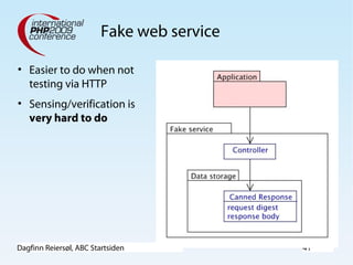 Dagfinn Reiersøl, ABC Startsiden 41
Fake web service
• Easier to do when not
testing via HTTP
• Sensing/verification is
very hard to do
 