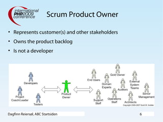 Dagfinn Reiersøl, ABC Startsiden 6
Scrum Product Owner
• Represents customer(s) and other stakeholders
• Owns the product backlog
• Is not a developer
 