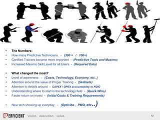 12
• The Numbers:
• How many Predictive Technicians. - (300 + / 100+)
• Certified Trainers became more important - (Predictive Tools and Maximo)
• Increased Maximo Skill Level for all Users - (Required Data)
• What changed the most?
• Level of awareness - (Costs, Technology, Economy, etc..)
• Attention around the value of Proper Training - (Skillsets)
• Attention to details around - CAPEX / OPEX accountability to ROIC
• Understanding where to start in the technology field - (Quick Wins)
• Faster return on invest - (Initial Costs & Training Requirements)
• New tech showing up everyday - (Optivibe , PMQ, etc..)
 