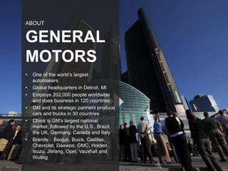 ABOUT
GENERAL
MOTORS
• One of the world’s largest
automakers
• Global headquarters in Detroit, MI
• Employs 202,000 people worldwide
and does business in 120 countries
• GM and its strategic partners produce
cars and trucks in 30 countries
• China is GM’s largest national
market, followed by the U.S., Brazil,
the UK, Germany, Canada and Italy
• Brands : Baojun, Buick, Cadillac,
Chevrolet, Daewoo, GMC, Holden,
Isuzu, Jiefang, Opel, Vauxhall and
Wuling
 