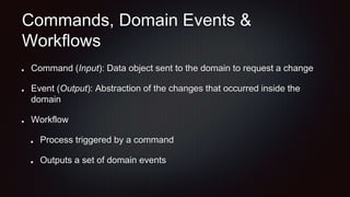 Commands, Domain Events &
Workflows
Command (Input): Data object sent to the domain to request a change
Event (Output): Abstraction of the changes that occurred inside the
domain
Workflow
Process triggered by a command
Outputs a set of domain events
 