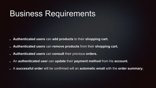 Business Requirements
Authenticated users can add products to their shopping cart.
Authenticated users can remove products from their shopping cart.
Authenticated users can consult their previous orders.
An authenticated user can update their payment method from his account.
A successful order will be confirmed will an automatic email with the order summary.
 