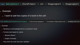 Example:
I want to add two copies of a book to the cart
Example:
Sending an acknowledgement to a customer’s email
Format email based on culture
Spanish (Spain)
English (Canada)
Only when the order has been validated
 