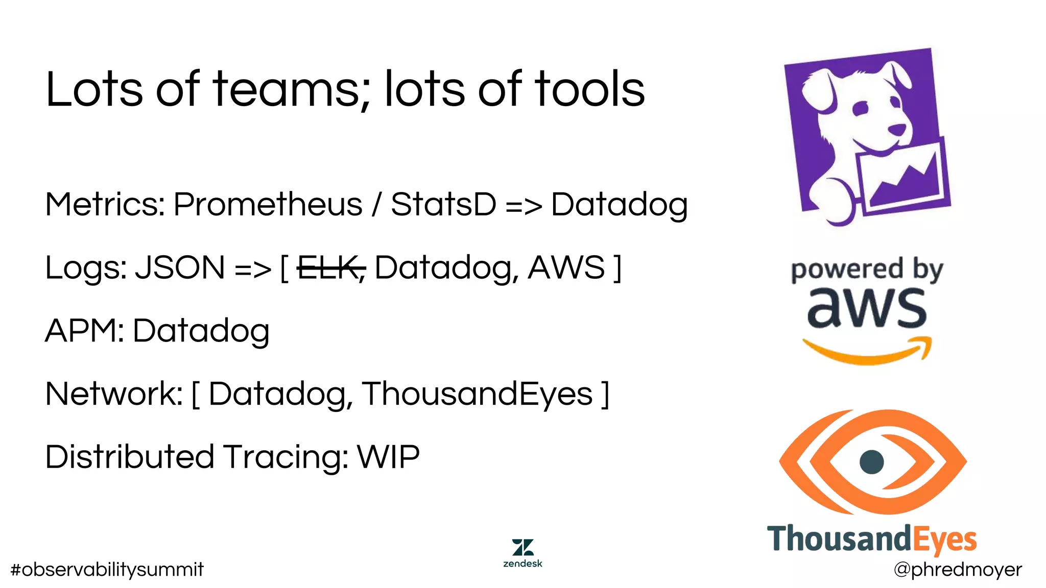 Lots of teams; lots of tools
Metrics: Prometheus / StatsD => Datadog
Logs: JSON => [ ELK, Datadog, AWS ]
APM: Datadog
Network: [ Datadog, ThousandEyes ]
Distributed Tracing: WIP
#observabilitysummit @phredmoyer
 
