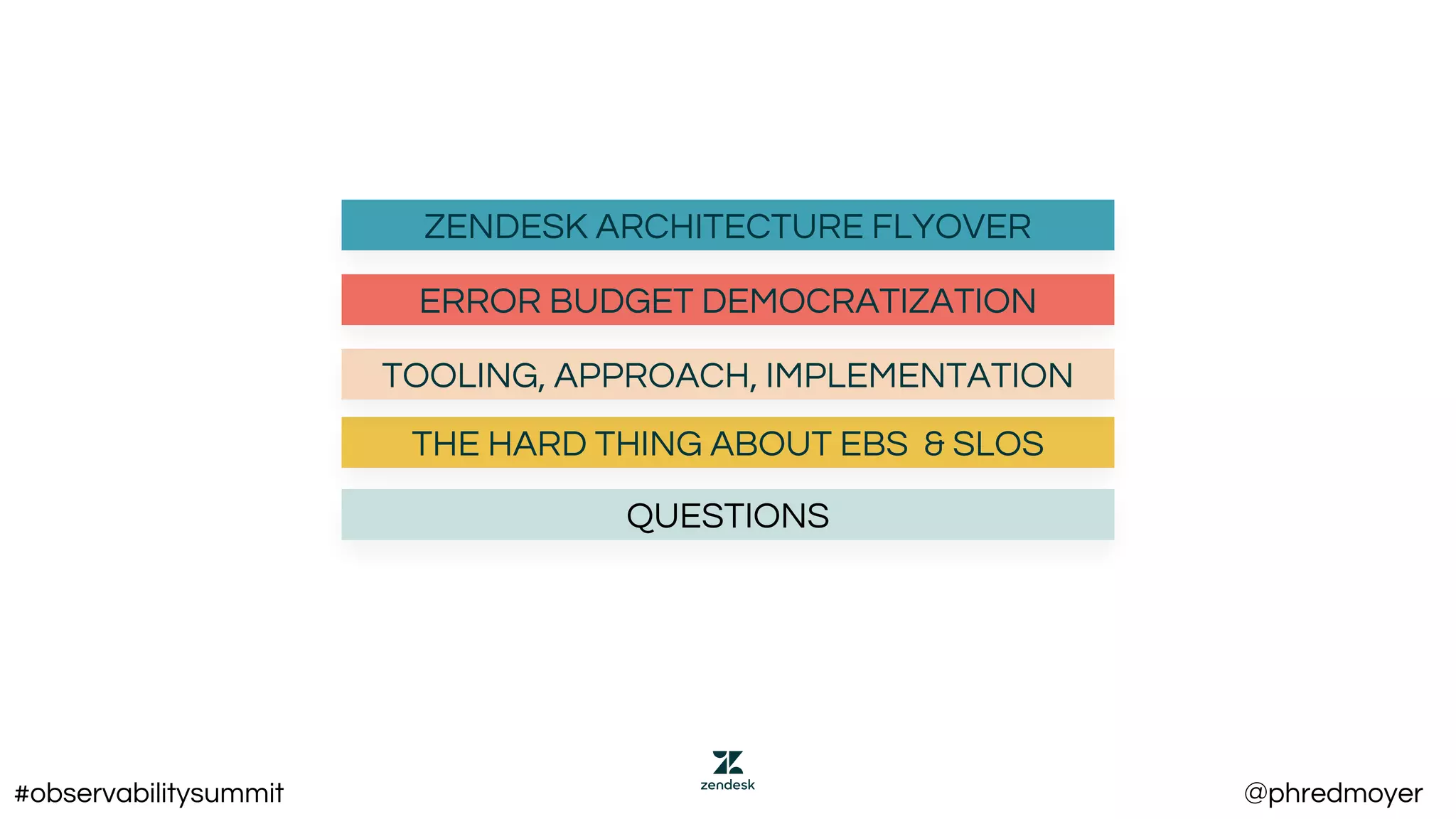 THE HARD THING ABOUT EBS & SLOS
TOOLING, APPROACH, IMPLEMENTATION
ERROR BUDGET DEMOCRATIZATION
QUESTIONS
ZENDESK ARCHITECTURE FLYOVER
#observabilitysummit @phredmoyer
 