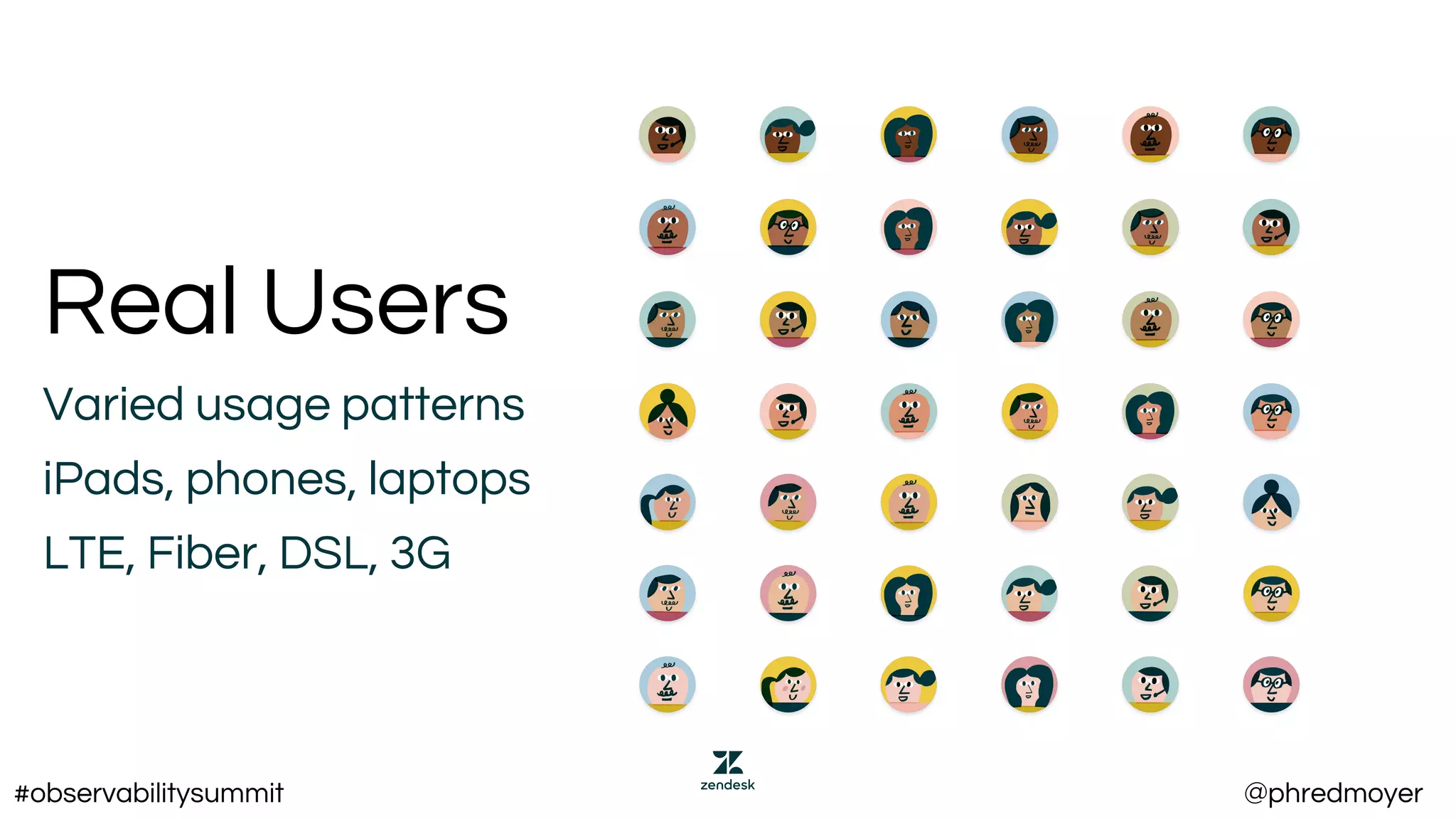 Real Users
Varied usage patterns
iPads, phones, laptops
LTE, Fiber, DSL, 3G
#observabilitysummit @phredmoyer
 