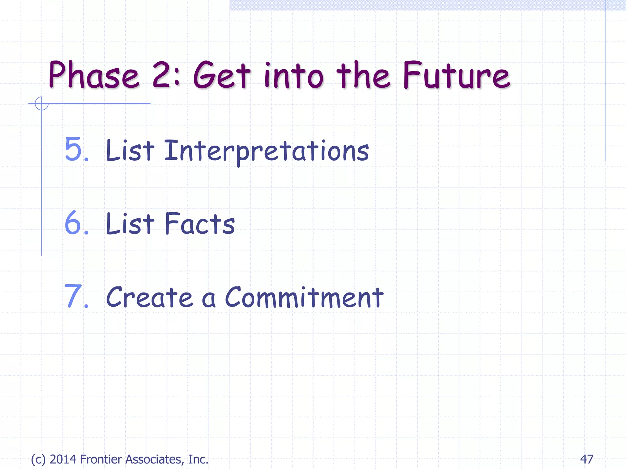 (c) 2014 Frontier Associates, Inc. 47
Phase 2: Get into the Future
5. List Interpretations
6. List Facts
7. Create a Commitment
 