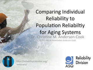 Comparing	
  Individual	
  
Reliability	
  to	
  
Popula6on	
  Reliabil6y	
  
for	
  Aging	
  Systems	
  
Dr.	
  Chris6ne	
  M.	
  Anderson-­‐Cook	
  
©2013	
  ASQ	
  &	
  Presenta6on	
  Anderson-­‐Cook	
  
hHp://reliabilitycalendar.org/
webinars/	
  
 