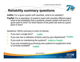 | Los Alamos National Laboratory |
Reliability summary questionsReliability summary questions
IndRel: For a given system with specified, what is its reliability?
PopRel: For a population of systems (each with possibly different ages),p p p y ( p y g )
what is the probability that a randomly chosen system will work at a
given point in time? Or what fraction of the parts will work at a given
point in time?
Questions: Which summary is more of interest,
1. If you own a single item? IndRely g
2. If you are own a collection of items used by your department?
3. If you work on maintaining the systems?
4 If id i h i t t l t h t
IndRel
PopRel
IndRel or PopRel
4. If you are considering purchasing new systems to supplement what
is currently available? PopRel
Operated by Los Alamos National Security, LLC for the U.S. Department of Energy's NNSA
UNCLASSIFIED
July 2013 | UNCLASSIFIED | 9
 