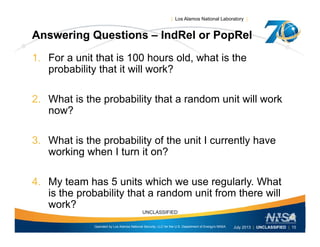 | Los Alamos National Laboratory |
Answering Questions – IndRel or PopRel
1. For a unit that is 100 hours old, what is the
probability that it will work?
2. What is the probability that a random unit will work
?now?
3 What is the probability of the unit I currently have3. What is the probability of the unit I currently have
working when I turn it on?
4. My team has 5 units which we use regularly. What
is the probability that a random unit from there will
k?
Operated by Los Alamos National Security, LLC for the U.S. Department of Energy's NNSA
UNCLASSIFIED
July 2013 | UNCLASSIFIED | 15
work?
 