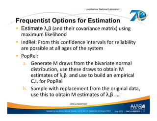 | Los Alamos National Laboratory |
Frequentist Options for EstimationFrequentist Options for Estimation
 Estimate λ,β (and their covariance matrix) using 
maximum likelihood
 IndRel: From this confidence intervals for reliability 
are possible at all ages of the system
 PopRel:
a. Generate M draws from the bivariate normal 
di t ib ti th d t bt i Mdistribution, use these draws to obtain M 
estimates of λ,β and use to build an empirical 
C.I. for PopRelp
b. Sample with replacement from the original data, 
use this to obtain M estimates of λ,β …. 
Operated by Los Alamos National Security, LLC for the U.S. Department of Energy's NNSA
UNCLASSIFIED
July 2013 | UNCLASSIFIED | 17
 