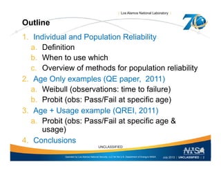| Los Alamos National Laboratory |
Outline
1. Individual and Population Reliability
a. Definition
b. When to use which
c. Overview of methods for population reliability
2. Age Only examples (QE paper, 2011)
a. Weibull (observations: time to failure)
b. Probit (obs: Pass/Fail at specific age)
3. Age + Usage example (QREI, 2011)
( / f &a. Probit (obs: Pass/Fail at specific age &
usage)
4 Conclusions
Operated by Los Alamos National Security, LLC for the U.S. Department of Energy's NNSA
UNCLASSIFIED
July 2013 | UNCLASSIFIED | 2
4. Conclusions
 