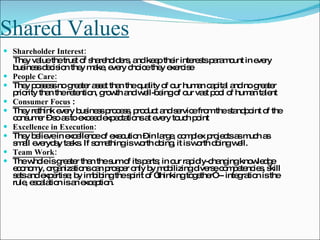 Shared Values Shareholder Interest: They value the trust of shareholders, and keep their interests paramount in every business decision they make, every choice they exercise People Care: They possess no greater asset than the quality of our human capital and no greater priority than the retention, growth and well-being of our vast pool of human talent Consumer Focus  : They rethink every business process, product and service from the standpoint of the consumer – so as to exceed expectations at every touch point Excellence in Execution : They believe in excellence of execution – in large, complex projects as much as small everyday tasks. If something is worth doing, it is worth doing well.  Team Work : The whole is greater than the sum of its parts; in our rapidly-changing knowledge economy, organizations can prosper only by mobilizing diverse competencies, skill sets and expertise; by imbibing the spirit of “thinking together” -- integration is the rule, escalation is an exception. 