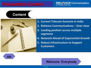 Presentation Content   of 15 Current Telecom Scenario in India Reliance Communications – Over view Leading position across multiple segments Network Ahead of Exponential Growth  Robust Infrastructure to Support Customers Content so Welcome  Everybody 