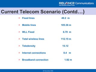 Current Telecom Scenario (Contd …) Fixed lines    49.2  m Mobile lines      105.36 m WLL Fixed   6.79  m Total wireless lines   112.15 m  Teledensity   15.12 Internet connections    8.4  m Broadband connection  1.92 m 26 November 2006 