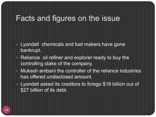 Facts and figures on the issue
16
 Lyondell chemicals and fuel makers have gone
bankrupt.
 Reliance oil refiner and explorer ready to buy the
controlling stake of the company.
 Mukesh ambani the controller of the reliance industries
has offered undisclosed amount.
 Lyondell asked its creditors to forego $18 billion out of
$27 billion of its debt.
 