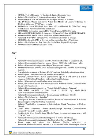•    RCOM’s Festival Bonanza For Desktop & Laptop Computer Users
  •    Reliance Mobile Offers A Lifetime of Attractive Call Rates
  •    Reliance Mobile –ICC ODI Women’s Rankings Launched In Mumbai
  •    BIG TV Gains 500,000 Subscribers Within Two Months Of Launch To Emerge As
       The Fastest Growing DTH Players In India
  •    RCOM Joins Hands With Intel, Acer, Asus, HCL And Lenovo To Offer Free Laptop
       With Reliance Netconnect-Internet Data Cards.
  •    RCOM-HTC Corporation Launch HTC Touch Diamond CDMA In India
  •    RELIANCE MOBILE WORLD Launches ‘JEEVANSATHI on MOBILE’SERVICE
  •    RCOM launches ‘Quick Search’ service on Reliance Mobile World.
  •    Reliance BIG TV DTH Service clocks one million subscribers in 85 days.
  •    RCOM Ties Up with ZMQ to develop mobile games based on UN’s themes.
  •    Reliance Mobile launches Text News Service in Nine Regional Languages.
  •    RCOM launches GSM service across India



2007

  •
       Reliance Communications adds a record 1.4 million subscribers in December ’06.
  •    Reliance Communication launches unique "Simply 2030" plan on Reliance Hello.
  •    Reliance Communications promotes Roger Waters music concert.
  •    RCOM shareholders approve tower business demerger with a 99.99% overwhelming
       majority.
  •    Overwhelming response to Reliance World’s national digital elocution competition.
  •    Reliance joins Lenovo and Intel for ‘Internet on the Move’.
  •    Reliance Communications’ market capitalisation tops Rs 1 lakh crore ( 1 trillion
       rupees or 24.39 billion US dollars) on Bombay Stock Exchange.
  •    Reliance Communications offers best value on roaming.
  •    Search jobs & classified ads from Reliance Mobile World - Reliance Communications
       ties up with Naukri.com.
  •    Reliance Communications ushers in ‘Virtual Global Conference Network’.
  •    DHIRUBHAI AMBANI – THE MAN I KNEW By KOKILABEN
       Book on Founder Chairman launched.
  •    Reliance Communications launches ‘Roam Jamaica’ on Reliance Mobile.
  •    Reliance Mobile launches ' Suno Zee’.
  •    Demerger of Passive Infrastructure division Reliance Communications & Reliance
       Telecom approved by the Bombay High Court.
  •    Reliance World offers programme to help students ’Crack Admissions in Colleges
       Abroad’.
  •    Govt’s Rural Telephone Scheme (RDEL)through Reliance Communications
       successfully closes by March 31,2007.
  •    Booking train ticket from Reliance Mobile Phones becomes more easy now… with
       ITZ Cash Cards.
  •    Reliance Communications unleashes the power of mobile advertising.
  •    Reliance Communications acquires 1.2 million subscribers in March 2007.
  •    Sunny      days     and    nights     for    Reliance    Mobile    subscribers    as
       Reliance Communications ties up with SUN TV to offer video streaming of all SUN

                                                                                      42
Amity International Business School
 