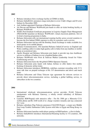 2005

   •   Reliance introduces first e-recharge facility in CDMA in India.
   •   Reliance IndiaMobile announces mega rural plan to cover 4 lakh villages and 65 crore
       Indians by December 2005.
   •   Anil Ambani appointed Chairman of Reliance Infocomm.
   •   Air Deccan and Reliance WebWorld join hands to offer air ticket booking facility at
       Reliance WebWorld .
   •   XLRI's Post-Graduate Certificate programme in Logistics Supply Chain Management
       (PGCLSCM) launched on Reliance WebWorld's virtual classroom platform. first of
       its kind e-learning programme in India.
   •   Reliance Infocomm rolls out international roaming facility across several countries to
       become the first Indian CDMA operator to offer its customers such a service.
   •   Reliance Infocomm tied-up with the Bombay Stock Exchange to make available live
       stock quotes on its mobile phones.
   •   Reliance Communications, UK launched Reliance IndiaCall service in England and
       Wales enabling callers to make high-quality calls to India from any landline or mobile
       phone at economical rates.
   •   Apollo Hospital and Reliance Infocomm join hands to provide top class healthcare
       service to millions of Indians in over a hundred Indian cities.
   •   Reliance WebWorld wins Frost & Sullivan Market Leadership Award for Video
       Conferencing services.
   •   Reliance Infocomm hosts the 4th global CDMA Operators Summit.
   •   Reliance Infocomm joins hands with Indian Airlines to offer India's first mobile
       booking of domestic airline ticket.
   •   Reliance Infocomm introduces MOREbile, redefines customer rewarding with 33 %
       more talk time on prepaid recharges of Rs 315 denomination and above and much
       more.
   •   Reliance Infocomm and China Telecom sign agreement for telecom services to
       provide direct telecommunication service, including a global hubbing service, to
       subscribers in the two countries.



2004

   •   International wholesale telecommunications service provider, FLAG Telecom
       amalgamates with Reliance Gateway, a wholly owned subsidiary of Reliance
       Infocomm
   •   Launches RIM Prepaid with attractive offer - For Rs 3500 get a Motorola C131
       mobile phone and Rs 3240 worth of re- charge vouchers instantly and stay connected
       for 1 year.
   •   Reliance subsidiary Flag Telecom announces FALCON Project - a major new Middle
       East Loop Terabits Submarine Cable System with links to Egypt and Hong Kong via
       India.
   •   Reliance Infocomm launches multi-player gaming on RIM handsets - a first in India.
   •   Reliance IndiaMobile introduces International Roaming facility to 172 countries, 300
       networks.


                                                                                        45
Amity International Business School
 