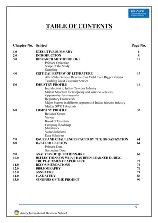 TABLE OF CONTENTS


Chapter No. Subject                                                                     Page No.
1.0               EXECUTIVE SUMMARY                                                           6
2.0               INTRODUCTION                                                                8
3.0               RESEARCH METHODOLOGY                                                        10
                       Primary Objective
                       Scope of the Study
                       Sampling
4.0               CRITICAL REVIEW OF LITERATURE                                               13
                       After-Sales Service Revenue Can Yield Even Bigger Returns
                       Teaching Good Customer Service
5.0               INDUSTRY PROFILE                                                            19
                       Introduction to Indian Telecom Industry
                       Market Structure for telephony and wireless services
                       Opportunity for companies
                       Regulatory Framework
                       Major Players in different segments of Indian telecom industry
                       Market SWOT Analysis
6.0               COMPANY PROFILE                                                             32
                       Reliance Group
                       Vision
                       Board of Directors
                       Company Roadmap
                       Milestones
                       Voice Solutions
                       Data Solutions
7.0               ISSUES AND CHALLENGES FACED BY THE ORGANIZATION                             61
8.0               DATA COLLECTION                                                             64
                       Primary Data
                       Secondary Data
9.0               ANALYSIS OF QUESTIONNAIRE                                                   66
10.0              REFLECTIONS ON WHAT HAS BEEN LEARNED DURING
                  THE PLACEMENT EXPERIENCE                                                    72
11.0              RECOMMENDATIONS                                                             74
12.0              BIBLIOGRAPHY                                                                76
13.0              ANNEXURE                                                                    78
14.0              CASE STUDY                                                                  86
15.0              SYNOPSIS OF THE PROJECT                                                     90




                                                                                          5
       Amity International Business School
 