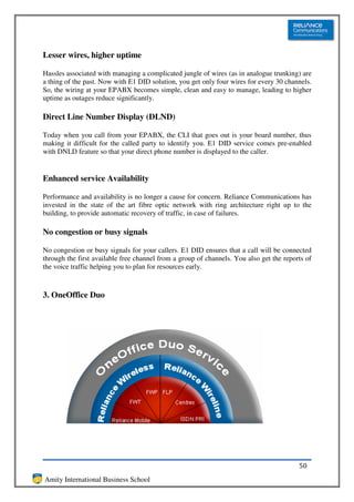 Lesser wires, higher uptime

Hassles associated with managing a complicated jungle of wires (as in analogue trunking) are
a thing of the past. Now with E1 DID solution, you get only four wires for every 30 channels.
So, the wiring at your EPABX becomes simple, clean and easy to manage, leading to higher
uptime as outages reduce significantly.

Direct Line Number Display (DLND)

Today when you call from your EPABX, the CLI that goes out is your board number, thus
making it difficult for the called party to identify you. E1 DID service comes pre-enabled
with DNLD feature so that your direct phone number is displayed to the caller.


Enhanced service Availability

Performance and availability is no longer a cause for concern. Reliance Communications has
invested in the state of the art fibre optic network with ring architecture right up to the
building, to provide automatic recovery of traffic, in case of failures.

No congestion or busy signals

No congestion or busy signals for your callers. E1 DID ensures that a call will be connected
through the first available free channel from a group of channels. You also get the reports of
the voice traffic helping you to plan for resources early.



3. OneOffice Duo




                                                                                         50
Amity International Business School
 
