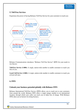 5. Toll Free Services
Experience the power of having Reliance Toll Free Service for your customers to reach you:




Reliance Communications introduces “Reliance Toll Free Service” (RTF) for your needs in
two flavors:

Toll-Free Service (1-800): A single, nation-wide number to enable customers to reach you
free of cost.

Local Call Service (1-860): A single, nation-wide number to enable customers to reach you
at local call rates.



6. ITFS


Unleash your business potential globally with Reliance ITFS

Reliance International Toll-Free Service (ITFS) allows you to reach out to your customers
from around the world. Reliance ITFS offers a single unique number in an international
location, through which your caller can reach you in India free of charge. With Reliance
ITFS, there are no barriers for doing business.



                                                                                       54
Amity International Business School
 