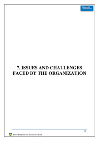 7. ISSUES AND CHALLENGES
FACED BY THE ORGANIZATION




                                      61
Amity International Business School
 