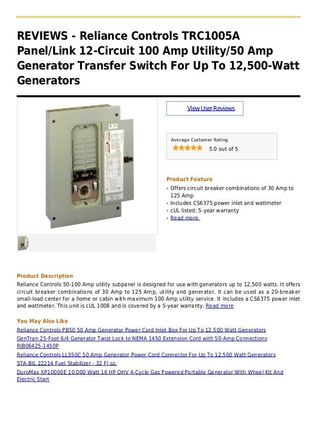 Emergency Power Transfer Switch Reliance Controls TRB 60A Outdoor Transfer Sub Panel - 4/8 Circuit Generator Link 100A Generator Circuit Panel