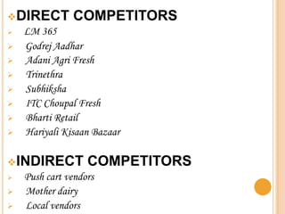 DIRECT        COMPETITORS
   LM 365
   Godrej Aadhar
   Adani Agri Fresh
   Trinethra
   Subhiksha
   ITC Choupal Fresh
   Bharti Retail
   Hariyali Kisaan Bazaar

INDIRECT          COMPETITORS
   Push cart vendors
   Mother dairy
   Local vendors
 