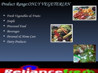 Product Range:ONLY VEGETERIAN

 Fresh Vegetables & Fruits
 Staple
 Processed Food
 Beverages
 Personal & Home Care
 Dairy Products
 