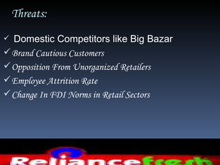 Threats:
 Domestic Competitors like Big Bazar
 Brand Cautious Customers
 Opposition From Unorganized Retailers
 Employee Attrition Rate
 Change In FDI Norms in Retail Sectors
 
