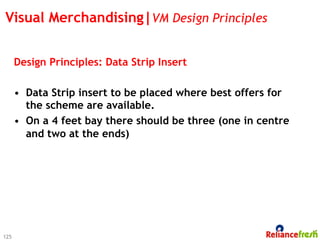 Visual Merchandising|VM Design Principles


      Design Principles: Data Strip Insert

      •  Data Strip insert to be placed where best offers for
         the scheme are available.
      •  On a 4 feet bay there should be three (one in centre
         and two at the ends)




125
 