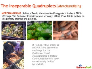 The Inseparable Quadruplets|Merchandising
MERCHANDISING. Reliance Fresh, the name itself suggests it is about FRESH
offerings. The Customer Experience can seriously affect IF we fail to deliver on
this primary premise and promise.




                             If finding FRESH onions at
                             a Fresh Store becomes a
                             challenge for the
                             Customer, Visual
                             Merchandising & Instore
                             Communication will have
                             an extremely limited
                             bandwidth.
165
 