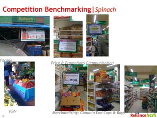 Competition Benchmarking|Spinach




Facade
              Price & Promotions Communication




     F&V       Merchandising: Gondola End Caps & Bays
17
 