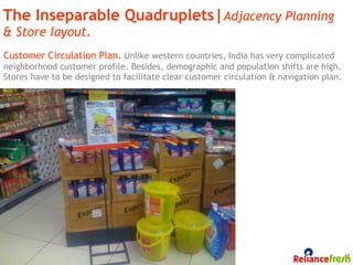 The Inseparable Quadruplets|Adjacency Planning
& Store layout.
Customer Circulation Plan. Unlike western countries, India has very complicated
neighborhood customer profile. Besides, demographic and population shifts are high.
Stores have to be designed to facilitate clear customer circulation & navigation plan.




172
 