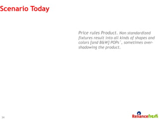 Scenario Today


                 Price rules Product. Non standardized
                 fixtures result into all kinds of shapes and
                 colors [and B&W] POPs’, sometimes over-
                 shadowing the product.




34
 