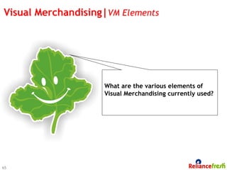 Visual Merchandising|VM Elements




                    What are the various elements of
                    Visual Merchandising currently used?




65
 