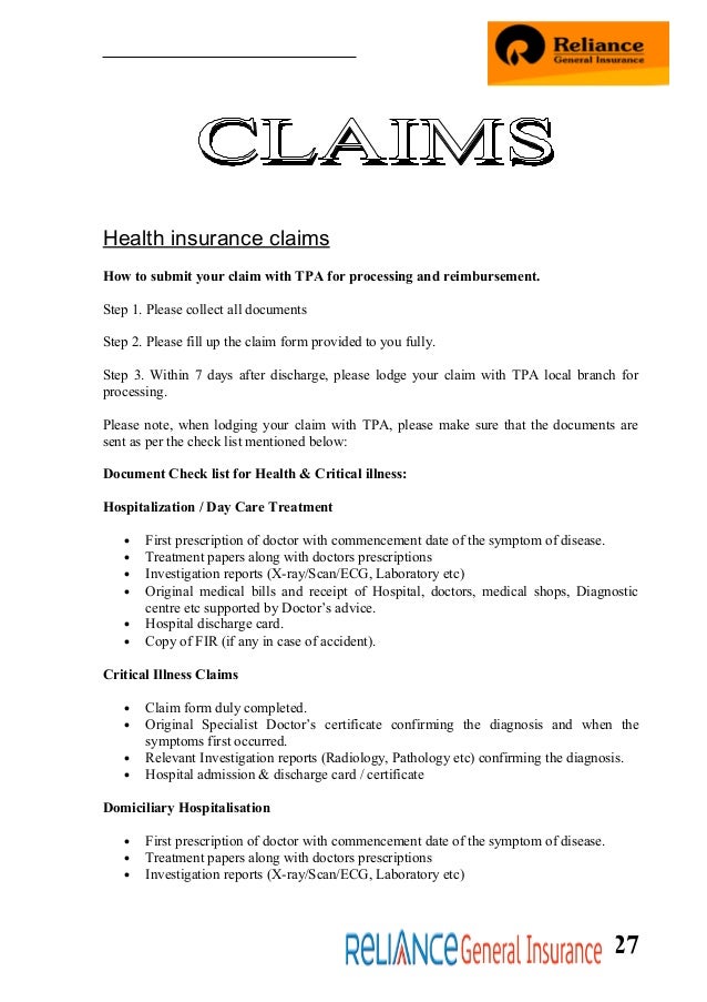insurance claim letter for reimbursement