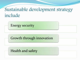 Sustainable development strategy 
include 
Energy security 
Growth through innovation 
Health and safety 
 