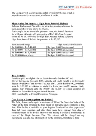 The Company will declare compounded reversionary bonus, which is
payable at maturity or on death, whichever is earlier.
More value for money – High Sum Assured Rebate
Reliance Endowment Plan offers an attractive premium discount for
Sum Assured over and above Rs 99,999.
For example, as per the tabular premium rates, the Annual Premium
for a 30 year old male, a 25 year policy of Rs 5 lakh Sum Assured
comes to Rs 19,165 before the High Sum Assured Rebate. After the
High Sum Assured Rebate, the premium is Rs 17,665.
Sum Assured Range High Sum Assured Rebate
Rs 1,00,000 – Rs 2,49,000 Re 1 per 1,000 Sum Assured
Rs 2,50,000 – Rs 4,99,000 Rs 2 per 1,000 Sum Assured
Rs 5,00,000 – Rs 9,99,000 Rs 3 per 1,000 Sum Assured
Rs 10,00,000 and above Rs 4 per 1,000 Sum Assured
Tax Benefits
Premiums paid are eligible for tax deduction under Section 80C and
80D of the Income Tax Act, 1961. Maturity and Death Benefit is tax free under
Section 10 (10D) of the Income Tax Act, 1961. Under Section 80C, premiums
upto Rs 1,00,000 are allowed as deduction from your taxable income. Under
Section 80D premium upto Rs 10,000 (Rs 15,000 for senior citizens) are
allowed as deduction from your taxable income.
(80D - Applicable to Critical Conditions Premium)
Can I take a Loan against my Policy?
The Policy Loan can be up to a maximum of 90% of the Surrender Value of the
Policy at the time of taking the loan based on the terms and conditions at that
time. This facility is available on your Regular Premium Plan after payment of
three full years premium and after three years have elapsed from date of
commencement of the Policy. However this facility is available immediately, in
case of the Single Premium Plan. The interest will be charged on any
outstanding loan at a rate of interest set by the company, from time to time.
 