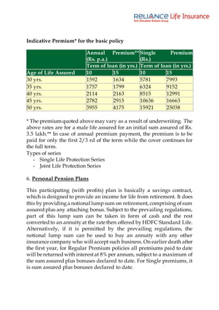 Indicative Premium* for the basic policy
Annual Premium**
(Rs. p.a.)
Single Premium
(Rs.)
Term of loan (in yrs.) Term of loan (in yrs.)
Age of Life Assured 10 15 10 15
30 yrs. 1592 1634 5781 7993
35 yrs. 1757 1799 6324 9152
40 yrs. 2114 2163 8515 12991
45 yrs. 2782 2915 10636 16663
50 yrs. 3955 4175 15921 25038
* The premium quoted above may vary as a result of underwriting. The
above rates are for a male life assured for an initial sum assured of Rs.
3.5 lakh.** In case of annual premium payment, the premium is to be
paid for only the first 2/3 rd of the term while the cover continues for
the full term.
Types of series
- Single Life Protection Series
- Joint Life Protection Series
6. Personal Pension Plans
This participating (with profits) plan is basically a savings contract,
which is designed to provide an income for life from retirement. It does
this by providing a notional lump sum on retirement, comprising ofsum
assured plus any attaching bonus. Subject to the prevailing regulations,
part of this lump sum can be taken in form of cash and the rest
converted to an annuity at the rate then offered by HDFC Standard Life.
Alternatively, if it is permitted by the prevailing regulations, the
notional lump sum can be used to buy an annuity with any other
insurance company who will accept such business. On earlier death after
the first year, for Regular Premium policies all premiums paid to date
will be returned with interestat 8% per annum, subject to a maximum of
the sum assured plus bonuses declared to date. For Single premiums, it
is sum assured plus bonuses declared to date.
 