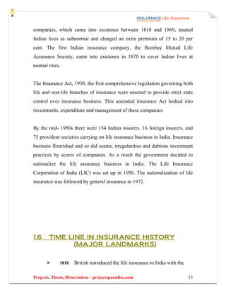 companies, which came into existence between 1818 and 1869, treated
Indian lives as subnormal and charged an extra premium of 15 to 20 per
cent. The first Indian insurance company, the Bombay Mutual Life
Assurance Society, came into existence in 1870 to cover Indian lives at
normal rates.


The Insurance Act, 1938, the first comprehensive legislation governing both
life and non-life branches of insurance were enacted to provide strict state
control over insurance business. This amended insurance Act looked into
investments, expenditure and management of these companies.


By the mid- 1950s there were 154 Indian insurers, 16 foreign insurers, and
75 provident societies carrying on life insurance business in India. Insurance
business flourished and so did scams, irregularities and dubious investment
practices by scores of companies. As a result the government decided to
nationalize the life assurance business in India. The Life Insurance
Corporation of India (LIC) was set up in 1956. The nationalization of life
insurance was followed by general insurance in 1972.




1.6     TIME LINE IN INSURANCE HISTORY
               (MAJOR LANDMARKS)


              1818   British introduced the life insurance to India with the

Projects, Thesis, Dissertation – projectsparadise.com                          13
 