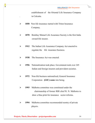 establishment of the Oriental Life Insurance Company
       .              in Calcutta.


              1850 Non life insurance started with Triton Insurance
                     Company.


              1870    Bombay Mutual Life Assurance Society is the first India
                      owned life insurer.


              1912    The Indian Life Assurance Company Act enacted to
                      regulate the    life insurance business.


              1938    The Insurance Act was enacted.


              1956    Nationalization took place. Government took over 245
                      Indian and foreign insurers and provident societies.


              1972    Non-life business nationalized, General Insurance
                      Corporation (GIC) came into being.


              1993 Malhotra committee was constituted under the
                         chairmanship of former RBI chief R. N. Malhotra to
                      draw a blue print for insurance sector reforms.


              1994    Malhotra committee recommended reentry of private
                      players.



Projects, Thesis, Dissertation – projectsparadise.com                        14
 