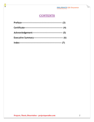 CONTENTS

Preface--------------------------------------------------- (3)

Certificate------------------------------------------------ (4)

Acknowledgement-------------------------------------- (5)

Executive Summary------------------------------------- (6)

Index----------------------------------------------------- (7)




Projects, Thesis, Dissertation – projectsparadise.com             2
 