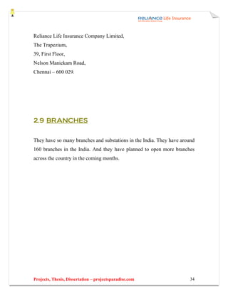 Reliance Life Insurance Company Limited,
The Trapezium,
39, First Floor,
Nelson Manickam Road,
Chennai – 600 029.




2.9 BRANCHES


They have so many branches and substations in the India. They have around
160 branches in the India. And they have planned to open more branches
across the country in the coming months.




Projects, Thesis, Dissertation – projectsparadise.com                 34
 