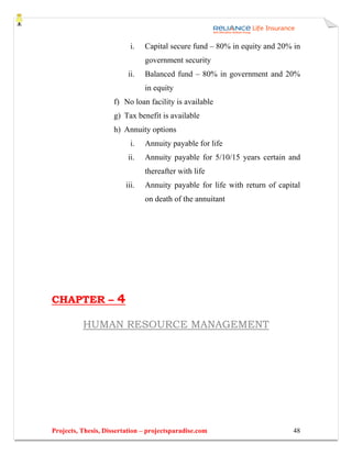 i.   Capital secure fund – 80% in equity and 20% in
                                 government security
                           ii.   Balanced fund – 80% in government and 20%
                                 in equity
                     f) No loan facility is available
                     g) Tax benefit is available
                     h) Annuity options
                            i.   Annuity payable for life
                           ii.   Annuity payable for 5/10/15 years certain and
                                 thereafter with life
                          iii.   Annuity payable for life with return of capital
                                 on death of the annuitant




CHAPTER –             4
          HUMAN RESOURCE MANAGEMENT




Projects, Thesis, Dissertation – projectsparadise.com                        48
 